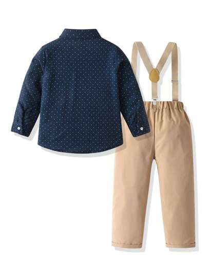 Ensemble 2 pièces pour garçon, chemise à manches longues et col à pois, pantalon à bretelles kaki, nœud papillon élégant, style gentleman à la mode, idéal pour les anniversaires, les occasions formelles, les mariages, les baptêmes et la rentrée scolaire.