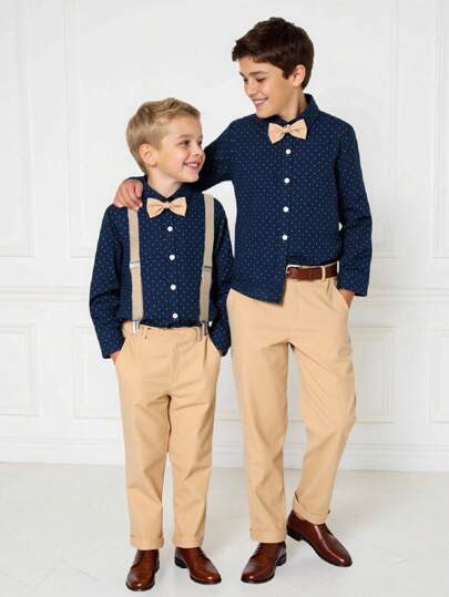 Ensemble 2 pièces pour garçon, chemise à manches longues et col à pois, pantalon à bretelles kaki, nœud papillon élégant, style gentleman à la mode, idéal pour les anniversaires, les occasions formelles, les mariages, les baptêmes et la rentrée scolaire.