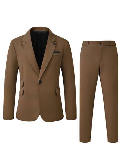 Manfinity Mode Ensemble de costume décontracté et formel pour hommes avec blazer à manches longues de couleur unie et pantalon, costume marron pour cérémonie