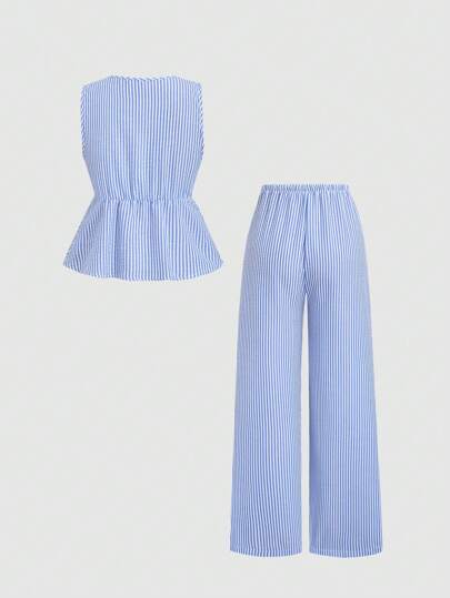 Flirla Pantalon droit décontracté simple à cordon de serrage, style européen et américain. Nouveau pour l'été, rose rayé. Ensemble 2 pièces pour femmes
