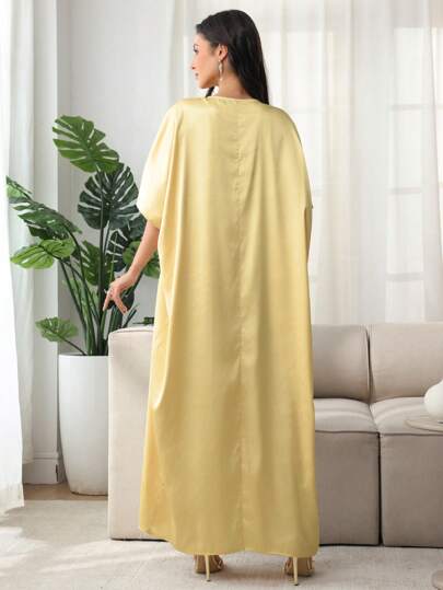 Najma Caftan en satin pour femme avec décoration florale, style turc et arabe, printemps/été