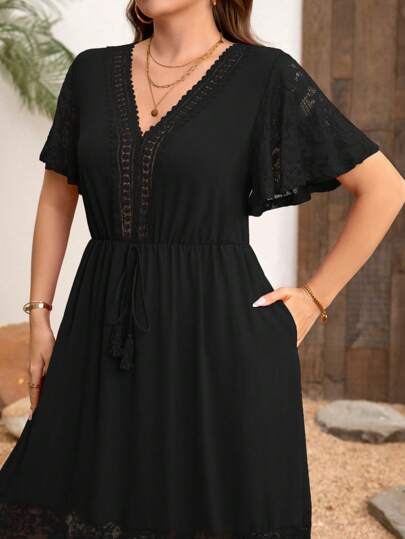Clasi Robe bohème de grande taille élégante en dentelle et patchwork, col en V