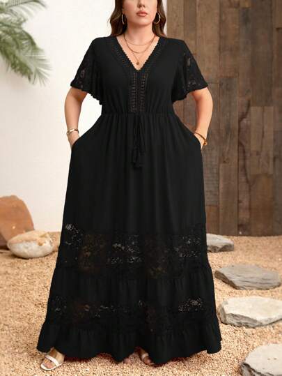 Clasi Robe bohème de grande taille élégante en dentelle et patchwork, col en V
