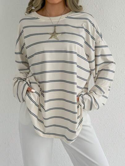 EZwear Top simple à manches longues et col rond rayé pour femme, pour un port quotidien