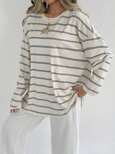 EZwear Top simple à manches longues et col rond rayé pour femme, pour un port quotidien