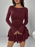 EZwear Robe longue à manches longues avec volants, élégante de couleur bordeaux pour femme