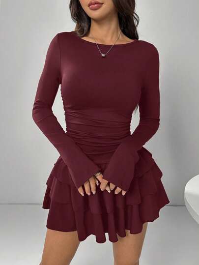 EZwear Robe longue à manches longues avec volants, élégante de couleur bordeaux pour femme