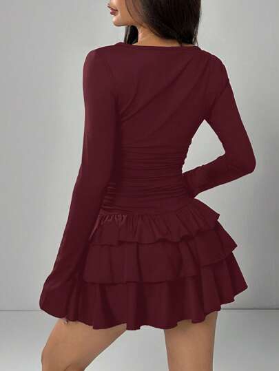 EZwear Robe longue à manches longues avec volants, élégante de couleur bordeaux pour femme