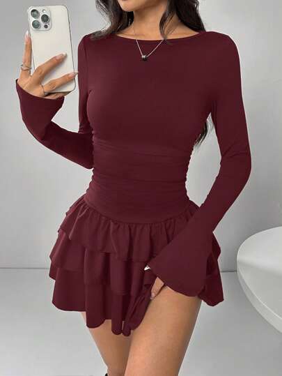 EZwear Robe longue à manches longues avec volants, élégante de couleur bordeaux pour femme