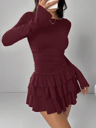 EZwear Robe longue à manches longues avec volants, élégante de couleur bordeaux pour femme