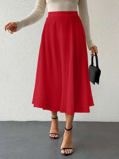 Jupe A-line élégante de bureau pour femmes grandes tailles, rouge et blanc unicolore, taille haute, plissée, longueur genou, été