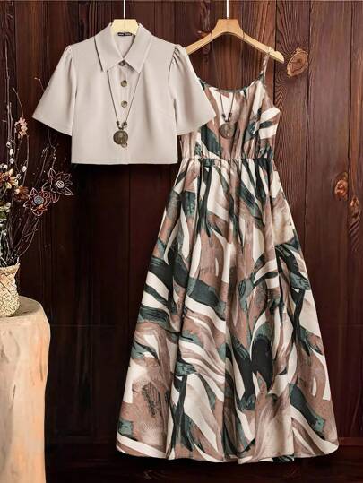 Clasi Ensemble élégant 2 pièces pour femmes, comprend une chemise grise à manches courtes d'été et une robe camisole à fleurs, tenues décontractées de vacances et de bureau pour femmes