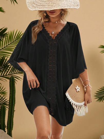 VCAY Robe de vacances pour femme grande taille, couleur unie avec manches chauve-souris en dentelle contrastante