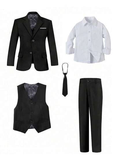 5 pièces Ensemble costume pour garçons, tenue de cérémonie pour tout-petits, tenue de garçon d'honneur, veste de costume de mariage, gilet, pantalon, chemise, cravate, costume formel pour jeune garçon, noir, taille 3-10 ans