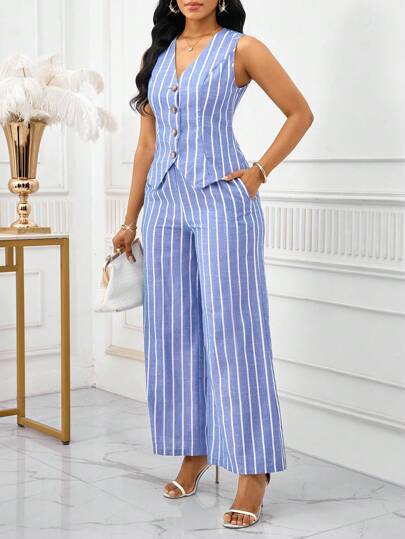Ensemble 2 pièces élégant pour femme à rayures bleues et blanches, gilet sans manches et pantalon, tenue d'été décontractée pour le travail, les trajets, le brunch et les vacances, tailleur pantalon