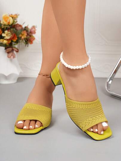 Nouvelle Arrivée Sandales à Talons Hauts pour Femmes en Tissu Tricoté Jaune Frais, Design à Bout Ouvert et Bout Carré, Talon Épais, Respirantes et à la Mode, Sandales d'Été
