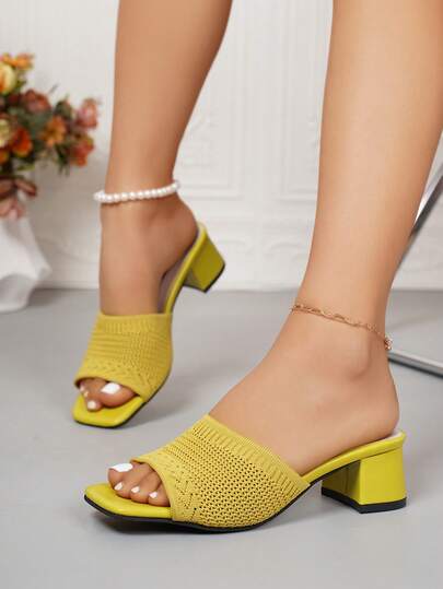 Nouvelle Arrivée Sandales à Talons Hauts pour Femmes en Tissu Tricoté Jaune Frais, Design à Bout Ouvert et Bout Carré, Talon Épais, Respirantes et à la Mode, Sandales d'Été