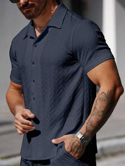 Manfinity Homme Chemise décontractée à manches courtes à simple boutonnage pour hommes, couleur unie pour l'été, formelle