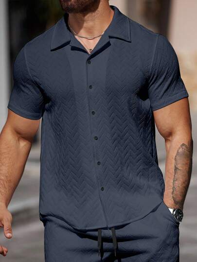 Manfinity Homme Chemise décontractée à manches courtes à simple boutonnage pour hommes, couleur unie pour l'été, formelle