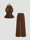 Sweetra Ensemble 2 pièces pour femme, style tropical élégant et décontracté, débardeur à taille cintrée et pantalon large ample, couleur unie marron café, pour vacances d'été