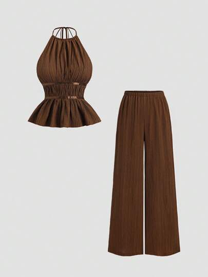 Sweetra Ensemble 2 pièces pour femme, style tropical élégant et décontracté, débardeur à taille cintrée et pantalon large ample, couleur unie marron café, pour vacances d'été