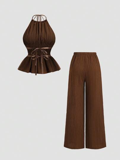 Sweetra Ensemble 2 pièces pour femme, style tropical élégant et décontracté, débardeur à taille cintrée et pantalon large ample, couleur unie marron café, pour vacances d'été