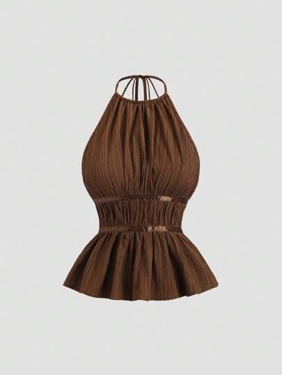 Sweetra Ensemble 2 pièces pour femme, style tropical élégant et décontracté, débardeur à taille cintrée et pantalon large ample, couleur unie marron café, pour vacances d'été