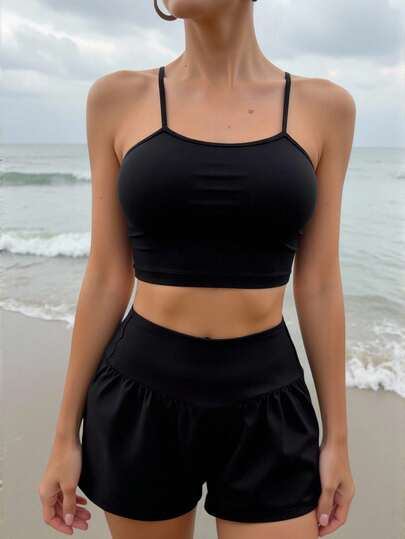 Swim Lushoire Pantalon de plage d'été simple et décontracté de couleur unie pour femmes