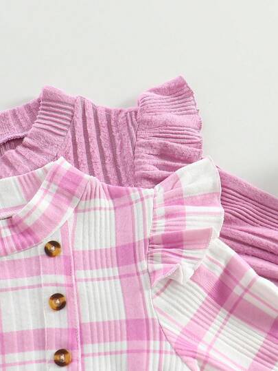 2 pièces Ensemble de robes à manches longues pour jeunes filles pour l'automne/l'hiver, avec des manches volantées, un col boutonné, un imprimé à carreaux, une décoration de taille avec ceinture, une mode élégante et décontractée, convenant pour le port e