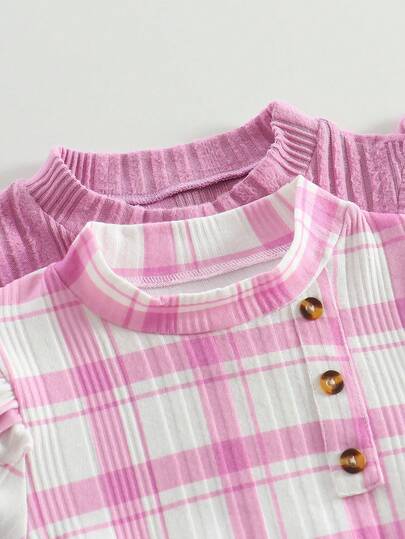 2 pièces Ensemble de robes à manches longues pour jeunes filles pour l'automne/l'hiver, avec des manches volantées, un col boutonné, un imprimé à carreaux, une décoration de taille avec ceinture, une mode élégante et décontractée, convenant pour le port e
