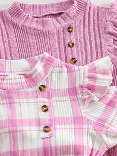 2 pièces Ensemble de robes à manches longues pour jeunes filles pour l'automne/l'hiver, avec des manches volantées, un col boutonné, un imprimé à carreaux, une décoration de taille avec ceinture, une mode élégante et décontractée, convenant pour le port e