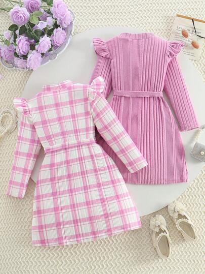 2 pièces Ensemble de robes à manches longues pour jeunes filles pour l'automne/l'hiver, avec des manches volantées, un col boutonné, un imprimé à carreaux, une décoration de taille avec ceinture, une mode élégante et décontractée, convenant pour le port e
