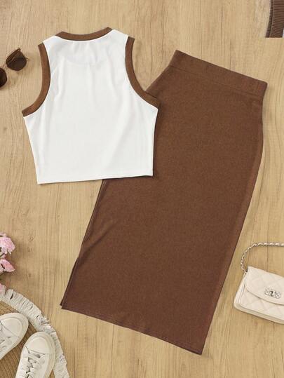 Ensemble 2 pièces femme, top sans manches avec bordure contrastée et jupe longue style vintage élégant, pour les vacances, printemps/été