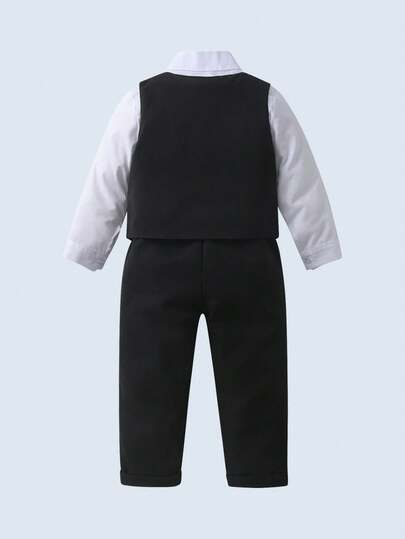 BOARNSEORL Ensemble de costume 3 pièces pour jeunes garçons, chemise à manches longues avec nœud papillon, gilet noir et pantalon, mode décontractée pour fête, événement, premier anniversaire, mariage, anniversaire