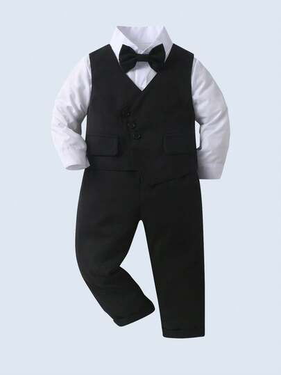 BOARNSEORL Ensemble de costume 3 pièces pour jeunes garçons, chemise à manches longues avec nœud papillon, gilet noir et pantalon, mode décontractée pour fête, événement, premier anniversaire, mariage, anniversaire