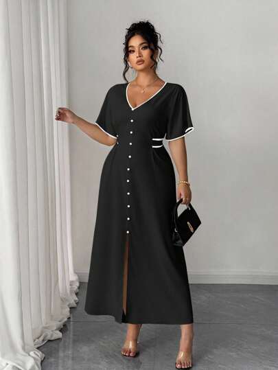 Elenzga Robe mi-longue pour femme ronde élégante, mode versatile, décontractée, col V, boutons devant, taille cintrée, bloc de couleurs
