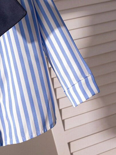 Genkimix Kids Chemise à manches longues rayée classique et pantalon de costume bleu marine pour jeunes garçons. Tenue de gentleman , convenant pour un anniversaire, un événement formel, un mariage, un baptême ou la rentrée scolaire.