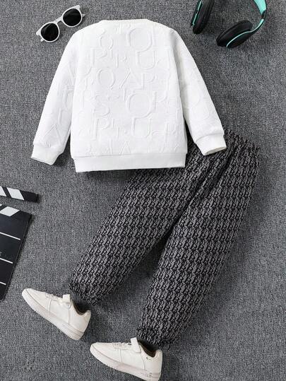 2 pièces/Set Sweat-shirt-shirt blanc à col rond et manches longues avec imprimé lettres pour jeune garçon et pantalon de survêtement avec imprimé rayures sur les côtés, ensemble tissé gris décontracté avec bordure