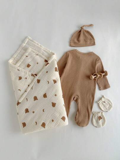 Loomiva Ensemble de 4 pièces pour bébé nouveau-né : Combinaison à manches longues avec motif ours de dessin animé, couverture, gants, chapeau - Polyvalent et confortable pour l'automne et l'hiver