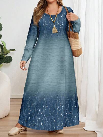 EMERY ROSE Robe à manches longues à col rond avec imprimé floral grande taille, convient pour l'automne/hiver
