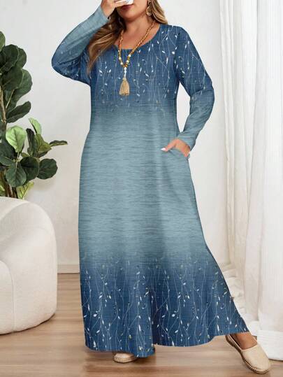 EMERY ROSE Robe à manches longues à col rond avec imprimé floral grande taille, convient pour l'automne/hiver