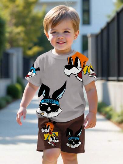 2 pièces Ensemble short et t-shirt à manches courtes, col rond, avec motif lapin de dessin animé, pour jeune garçon, adapté pour l'été