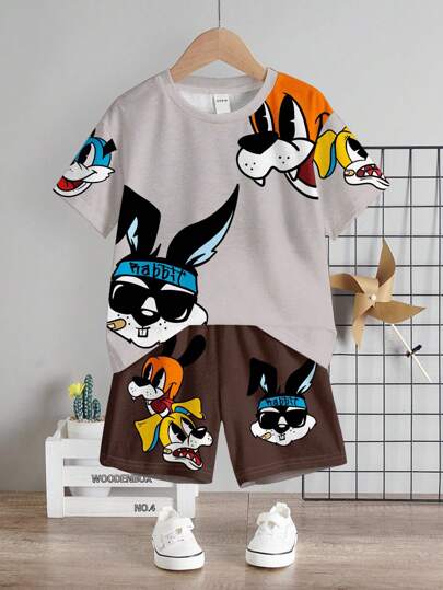 2 pièces Ensemble short et t-shirt à manches courtes, col rond, avec motif lapin de dessin animé, pour jeune garçon, adapté pour l'été