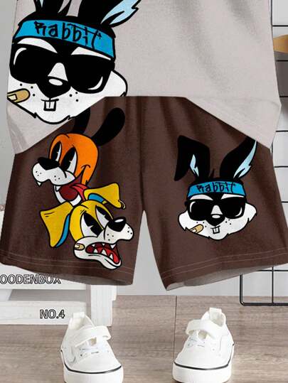 2 pièces Ensemble short et t-shirt à manches courtes, col rond, avec motif lapin de dessin animé, pour jeune garçon, adapté pour l'été