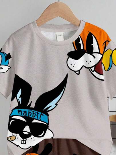 2 pièces Ensemble short et t-shirt à manches courtes, col rond, avec motif lapin de dessin animé, pour jeune garçon, adapté pour l'été