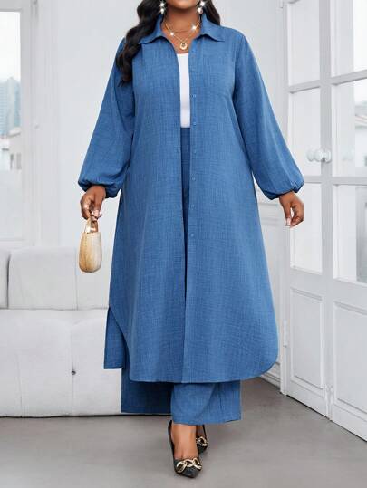Ensemble deux pièces grande taille pour femmes, bleu clair, tenue décontractée formelle de bureau et de soirée pour l'automne, chemise à manches longues avec col et poche, pantalon, ensemble