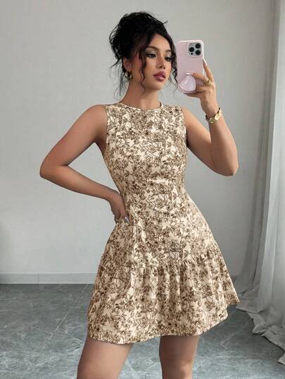 Elenzga Robe courte sans manches style bohème, élégante, à imprimé floral pour femmes, tenue de graduation pour le printemps/été
