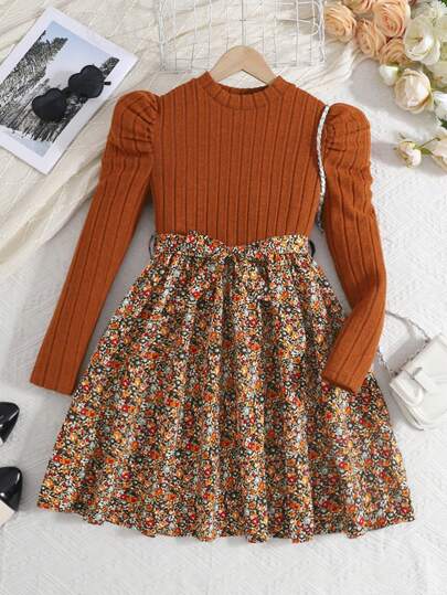 Serisse Kids Robe de fille pré-adolescente en couleur marron, style bohème, tricotée, col rond, manches longues, patchwork et fleurs. Convient pour l'automne-hiver, robe d'hiver pour les vacances
