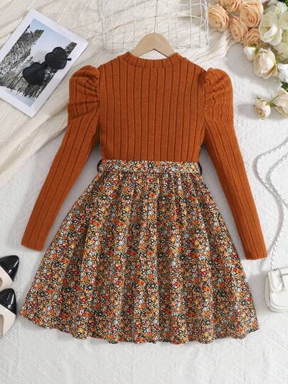 Serisse Kids Robe de fille pré-adolescente en couleur marron, style bohème, tricotée, col rond, manches longues, patchwork et fleurs. Convient pour l'automne-hiver, robe d'hiver pour les vacances