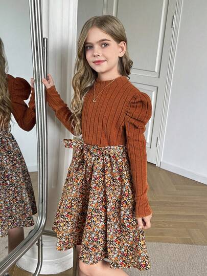 Serisse Kids Robe de fille pré-adolescente en couleur marron, style bohème, tricotée, col rond, manches longues, patchwork et fleurs. Convient pour l'automne-hiver, robe d'hiver pour les vacances